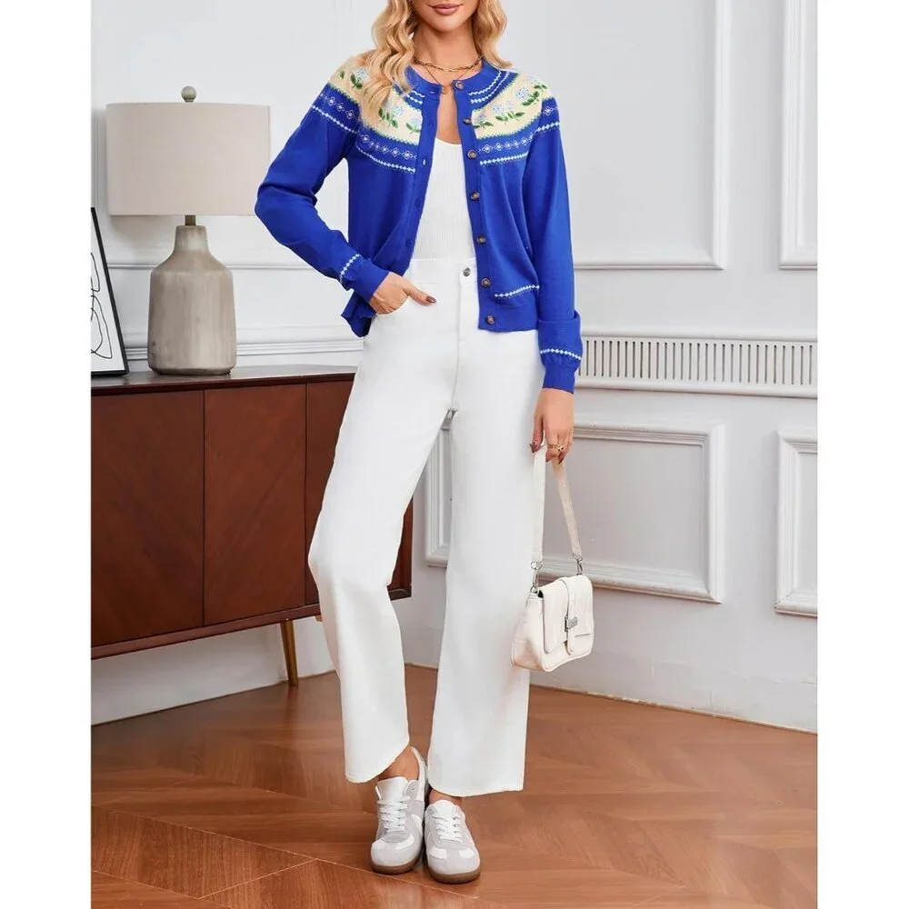 Women's Long Sleeve Knit Cardigan Floral Print Button Front Crew Neck